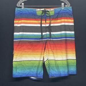Hang Ten Mens Size 34 Striped Board Shorts Swim Trunks Multicolor Rainbow Beach